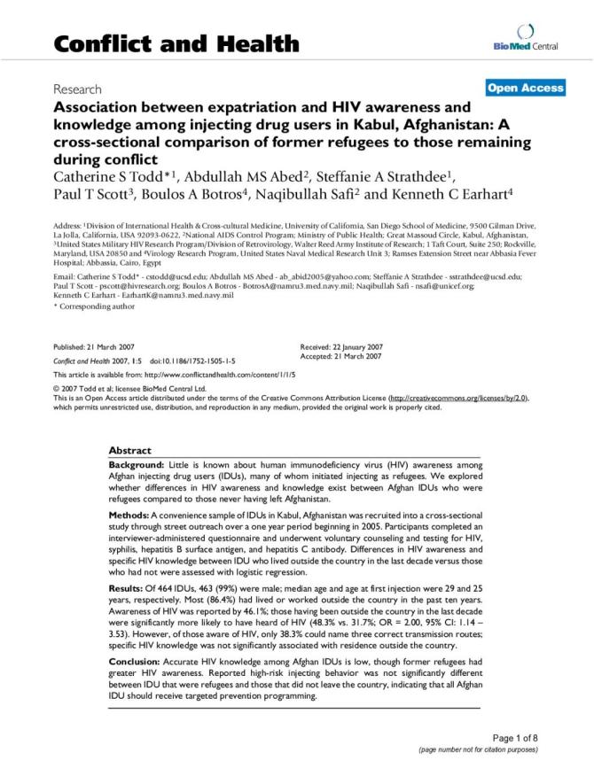 Association between Expatriation and HIV Awareness and Knowledge among Injecting Drug Users in Kabul, Afghanistan: A Cross-Sectional Comparison of Former Refugees to Those Remaining During Conflict
