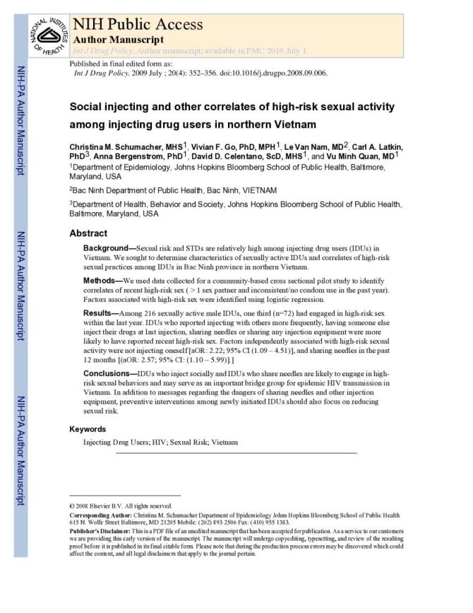 Social Injecting and other Correlates of High-Risk Sexual Activity among Injecting Drug Users in Northern Vietnam