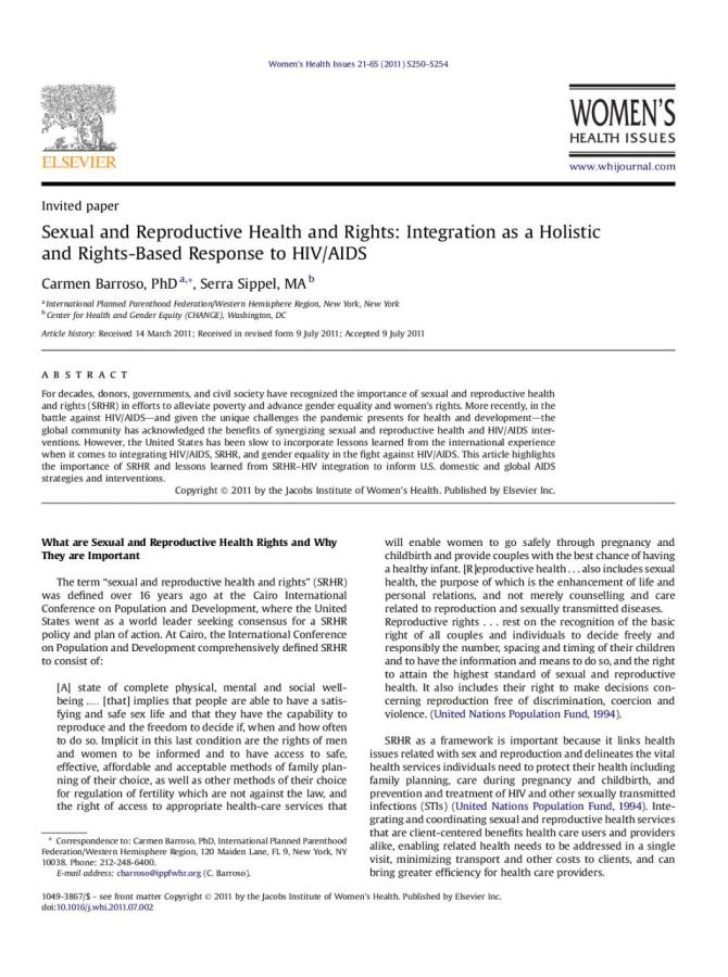 Sexual and Reproductive Health and Rights: Integration as a Holistic and Rights-Based Response to HIV/AIDS