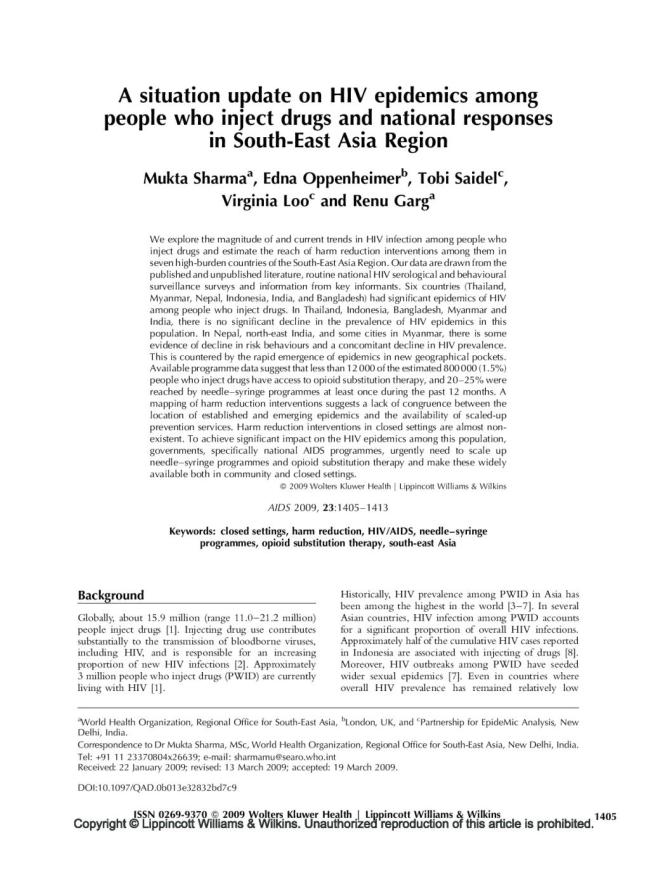 A Situation Update on HIV Epidemics among People Who Inject Drugs and National Responses in South-East Asia Region
