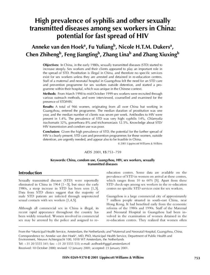 High Prevalence of Syphilis and Other Sexually Transmitted Diseases among Sex Workers in China: Potential for Fast Spread of HIV