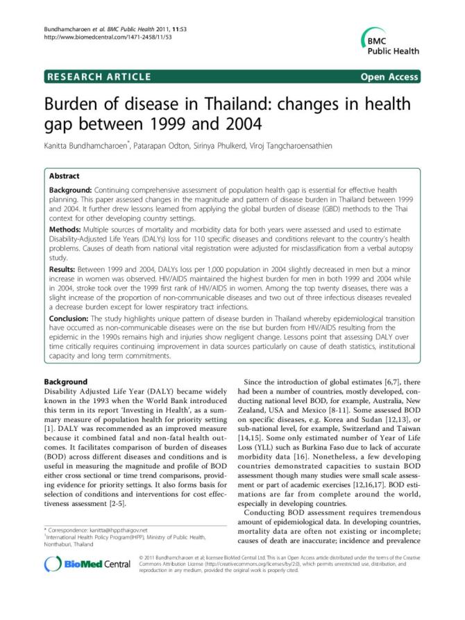 Burden of Disease in Thailand: Changes in Health Gap between 1999 and 2004