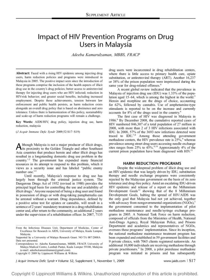 Impact of HIV Prevention Programs on Drug Users in Malaysia
