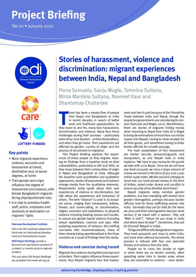 Project Briefing: Stories of Harassment, Violence and Discrimination: Migrant Experiences between India, Nepal and Bangladesh