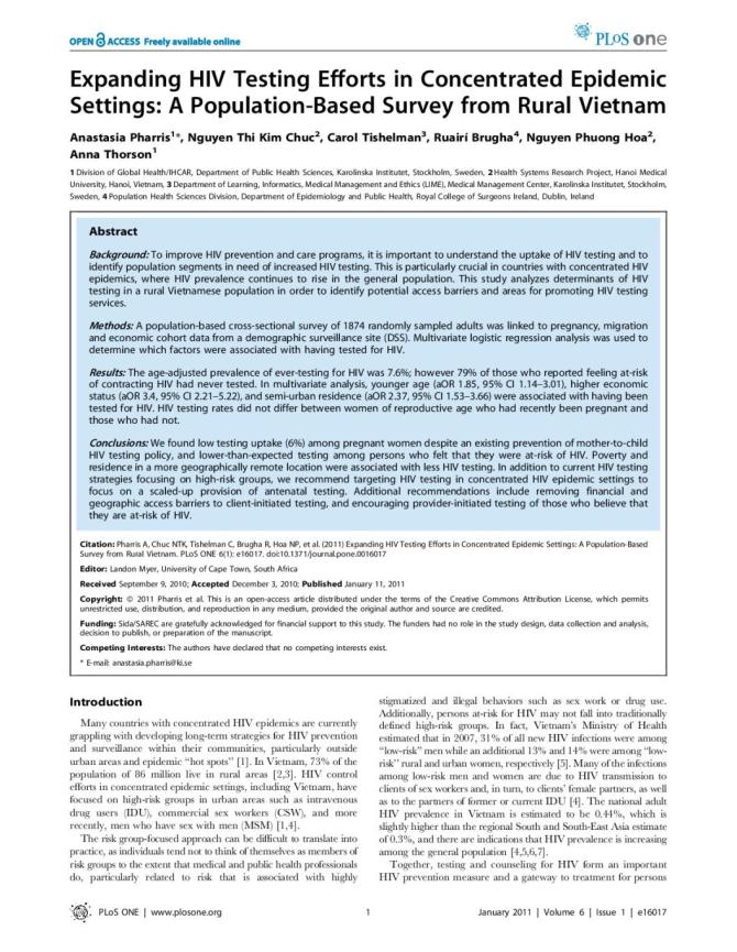 Expanding HIV Testing Efforts in Concentrated Epidemic Settings: A Population-Based Survey from Rural Vietnam