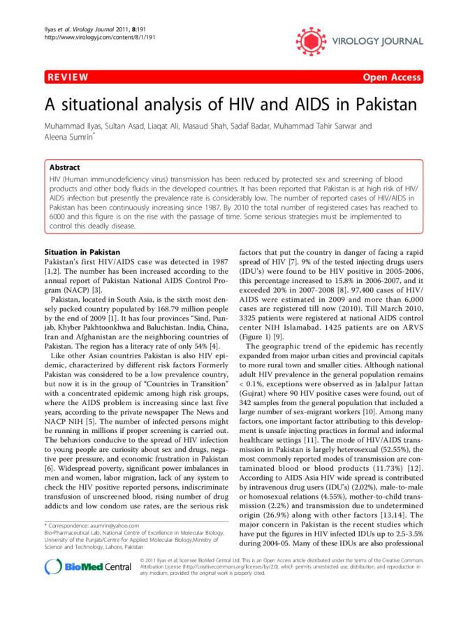 A Situational Analysis of HIV and AIDS in Pakistan