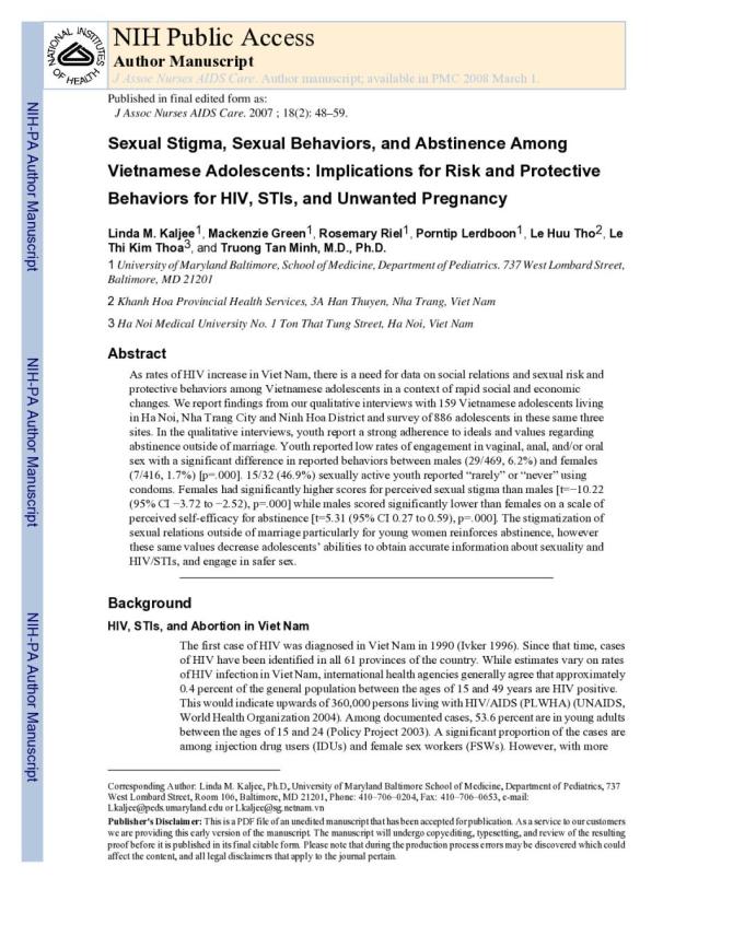 Sexual Stigma, Sexual Behaviors, and Abstinence among Vietnamese Adolescents: Implications for Risk and Protective Behaviors for HIV, STIs, and Unwanted Pregnancy
