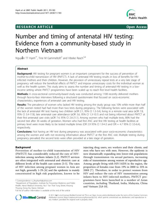 Number and Timing of Antenatal HIV Testing: Evidence from a Community-Based Study in Northern Vietnam