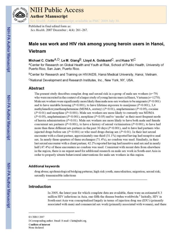 Male Sex Work and HIV Risk among Young Heroin Users in Hanoi, Vietnam