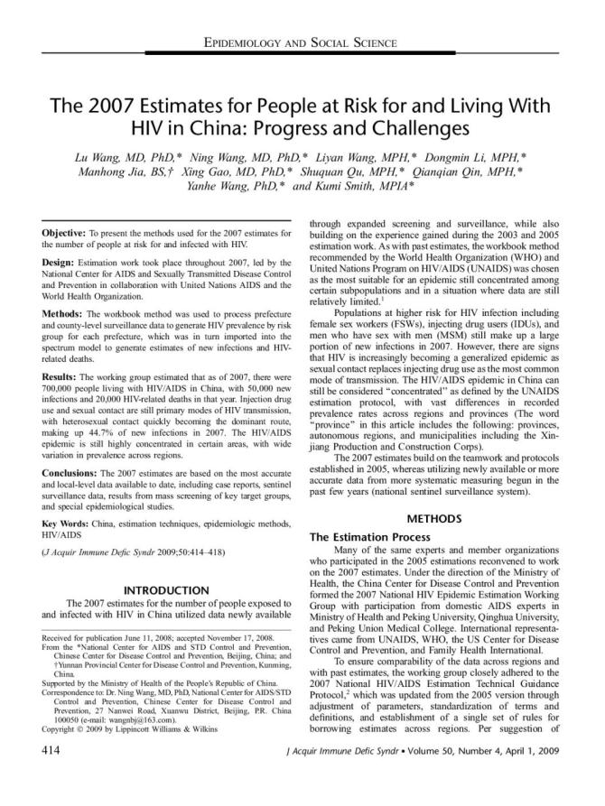 The 2007 Estimates for People at Risk for and Living with HIV in China: Progress and Challenges