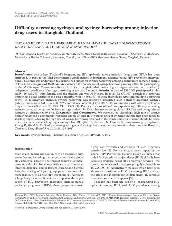 Difficulty Accessing Syringes and Syringe Borrowing Among Injection Drug Users in Bangkok, Thailand