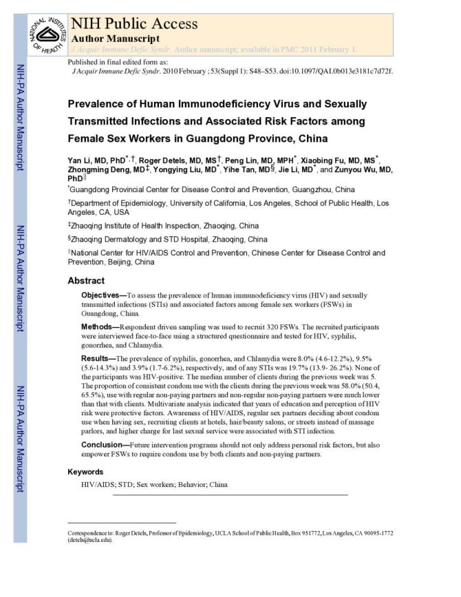 Prevalence of Human Immunodeficiency Virus and Sexually Transmitted Infections and Associated Risk Factors among Female Sex Workers in Guangdong Province, China