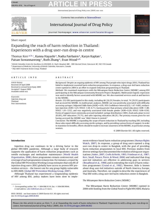 Expanding the Reach of Harm Reduction in Thailand: Experiences with a Drug User-Run Drop-in Centre