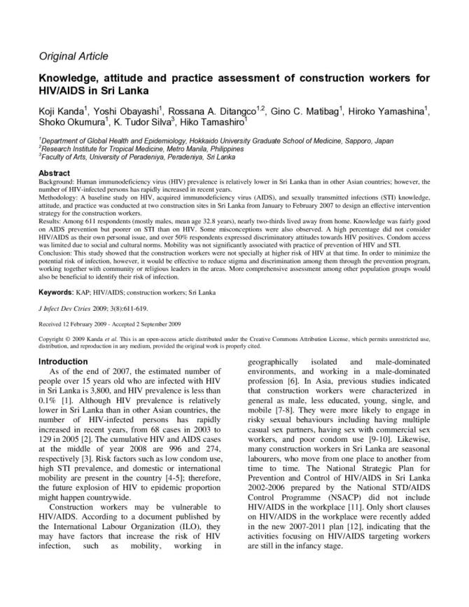 Knowledge, Attitude and Practice Assessment of Construction Workers for HIV/AIDS in Sri Lanka