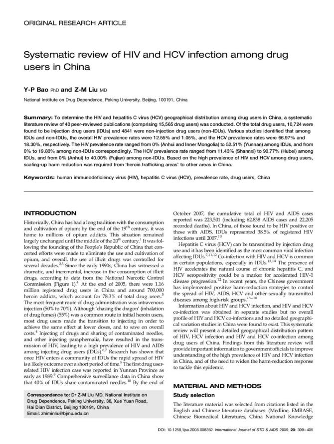 Systematic Review of HIV and HCV Infection among Drug Users in China