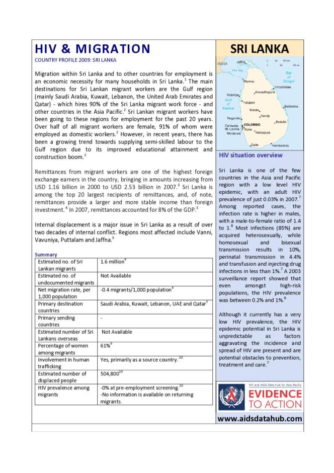 HIV and Migration Country Profile 2009: Sri Lanka