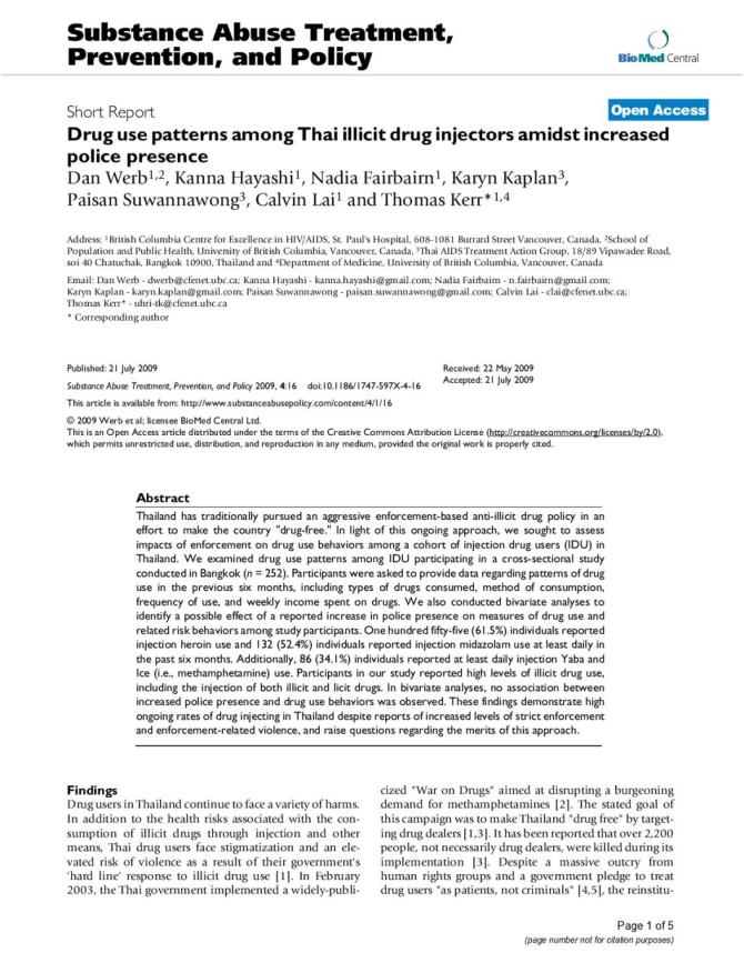 Drug Use Patterns among Thai Illicit Drug Injectors amidst Increased Police Presence