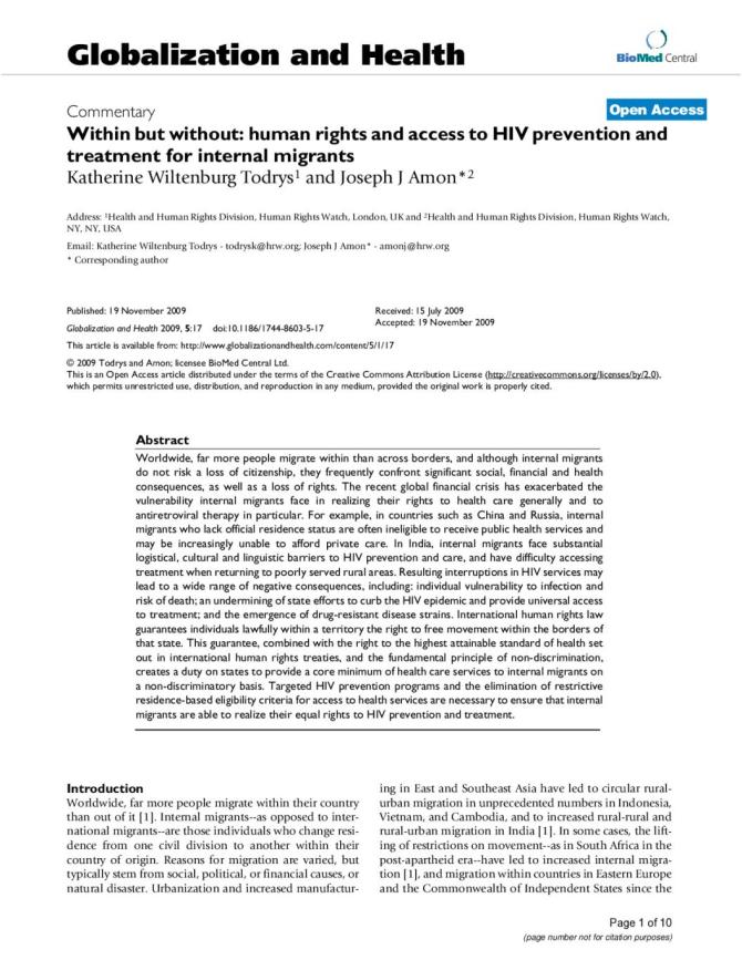 Within but without: Human Rights and Access to HIV Prevention and Treatment for Internal Migrants