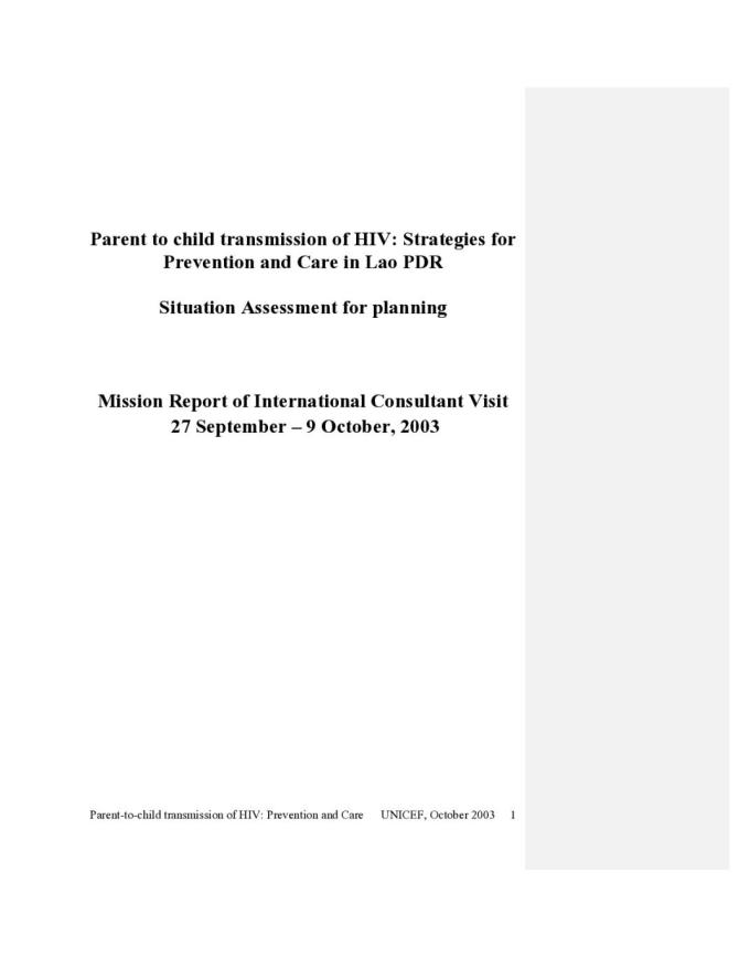 Parent to Child Transmission of HIV: Strategies for Prevention and Care in Lao PDR