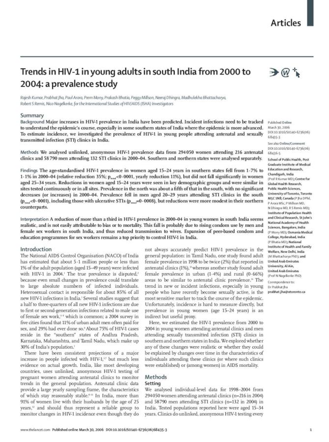 Trends in HIV-1 in Young Adults in South India from 2000 to 2004: A Prevalence Study