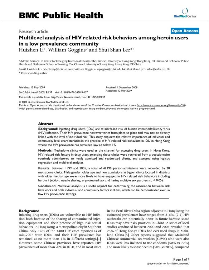Multilevel Analysis of HIV Related Risk Behaviors among Heroin Users in a Low Prevalence Community