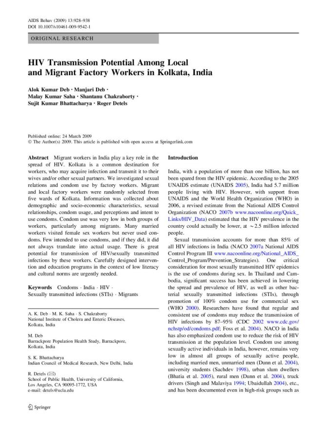 HIV Transmission Potential among Local and Migrant Factory Workers in Kolkata, India