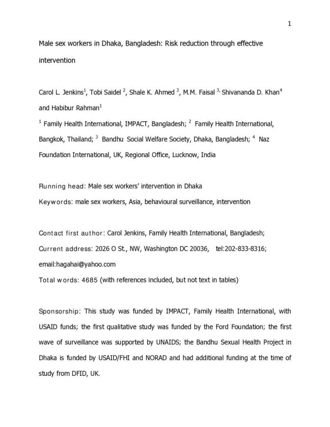 Male sex workers in Dhaka, Bangladesh: Risk Reduction Through Effective Intervention
