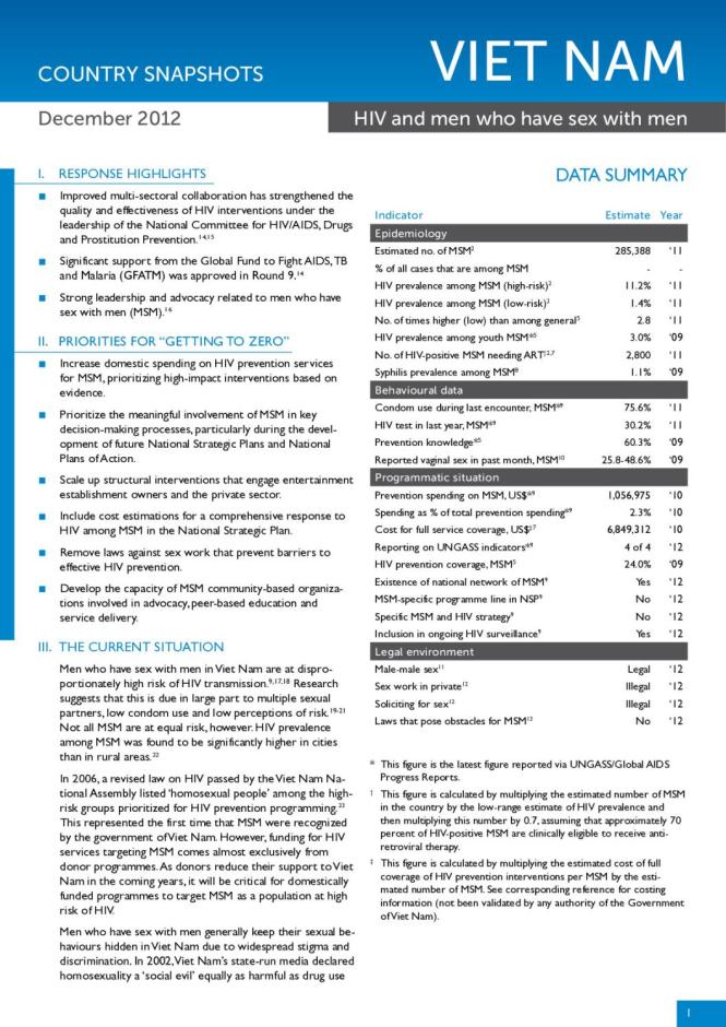 Viet Nam Country Snapshot December 2012: HIV and Men who have Sex with Men