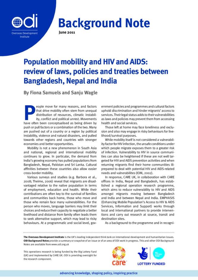 Background Note: Population Mobility and HIV and AIDS - Review of Laws, Policies and Treaties between Bangladesh, Nepal and India