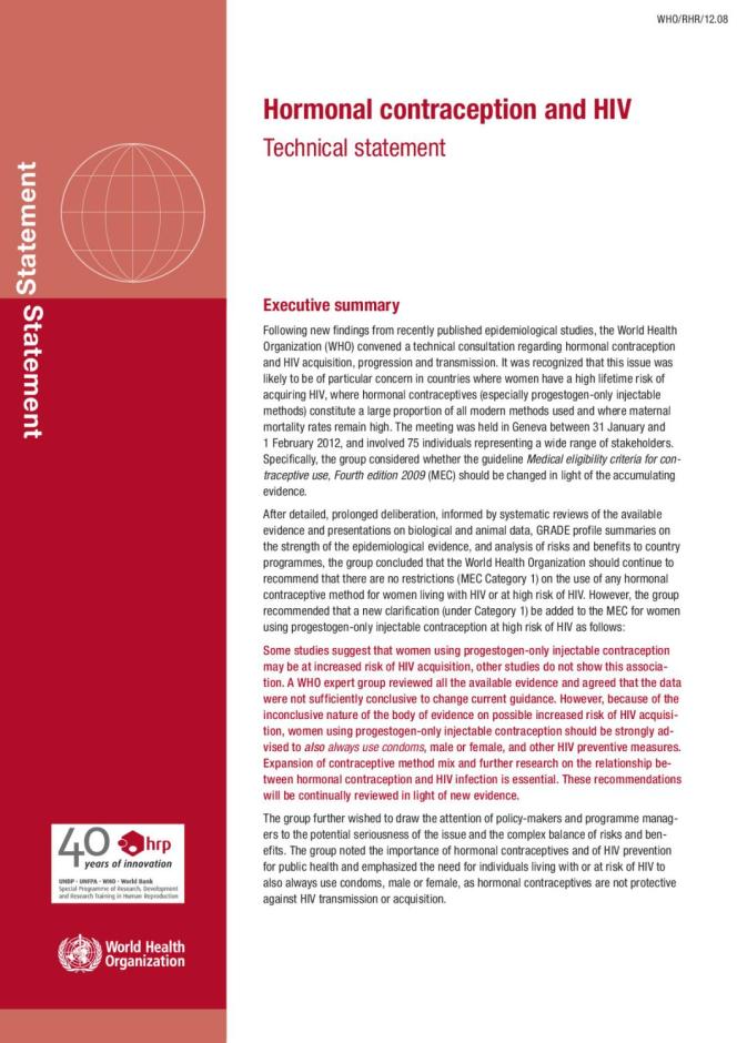 Hormonal Contraception and HIV: Technical Statement