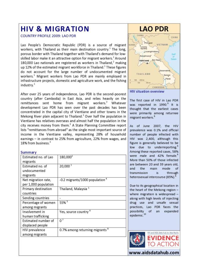 HIV and Migration Country Profile 2009: Lao PDR