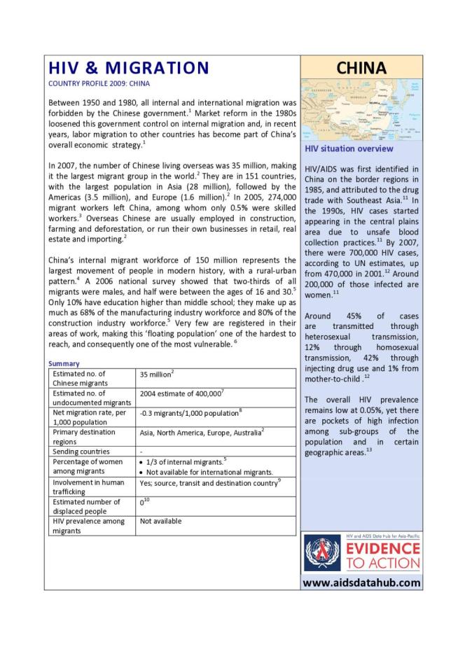 HIV and Migration Country Profile 2009: China