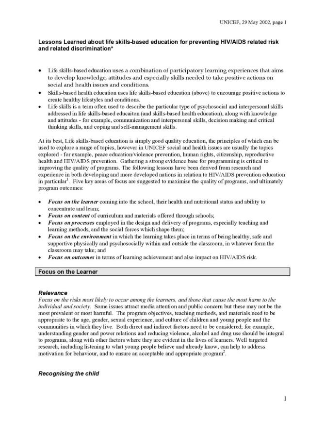 Lessons Learned about Life Skills Based Education for Preventing HIV/AIDS Related Risk and Related Discrimination