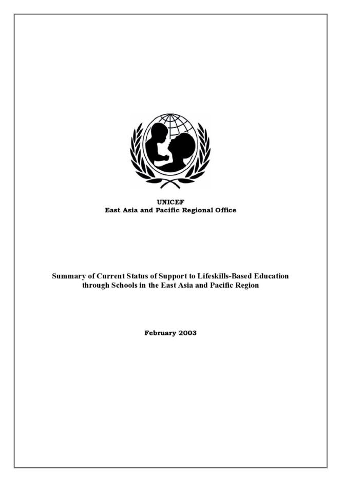 Summary of Current Status of Support to Lifeskills-Based Education through Schools in the East Asia and Pacific Region