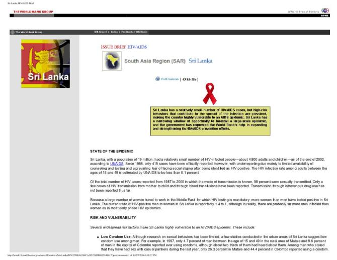 Sri Lanka: HIV/AIDS Brief