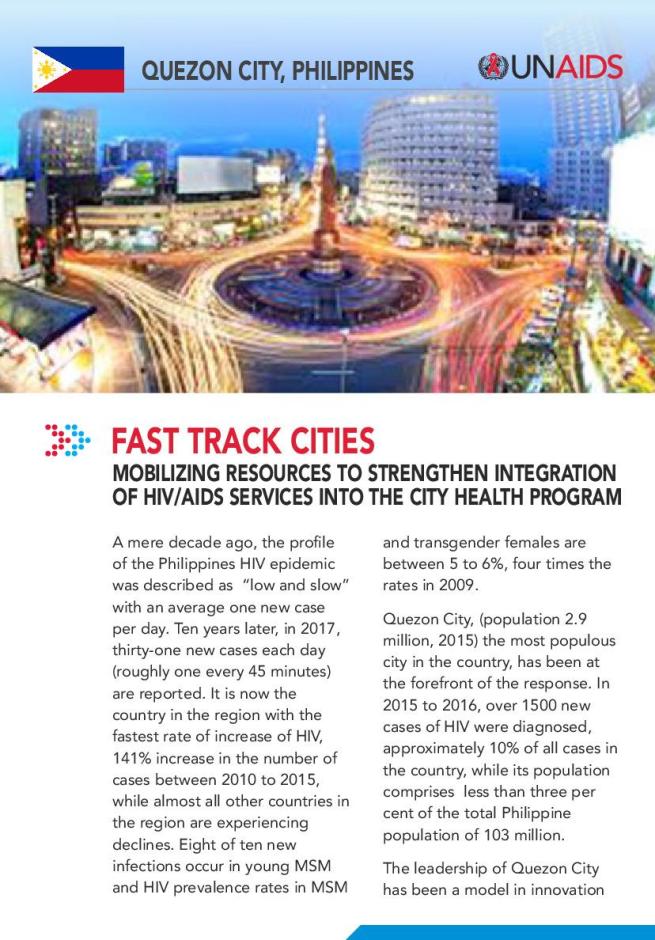 FAST TRACK CITIES (QUEZON CITY, PHILIPPINES): Mobilizing resources to strengthen integration of HIV/AIDS services into the city 