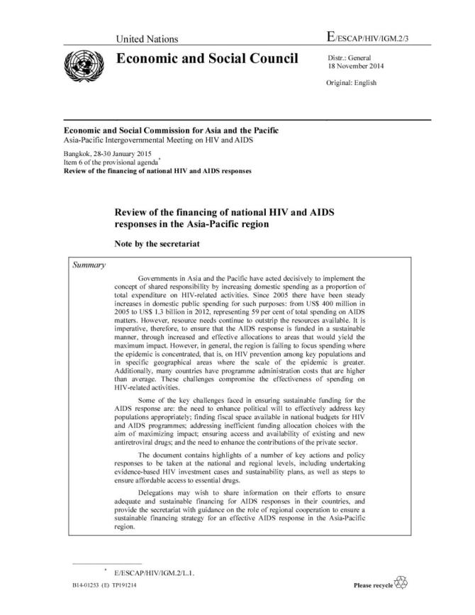 Review of the financing of national HIV and AIDS responses in the Asia-Pacific region